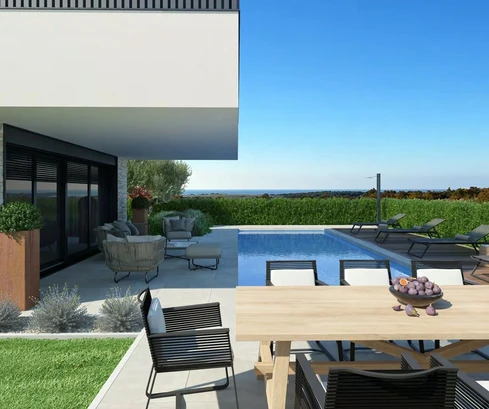 Istrien, Porec, moderne Villa im Bau mit Meerblick