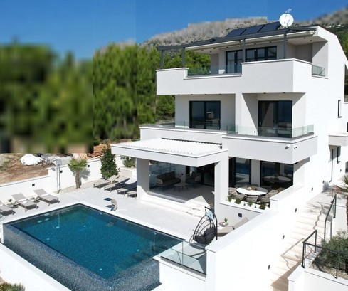 Luxusní vila u Splitu s výhledem na moře a vlastním bazénem se rozkládá na čtyřech podlažích