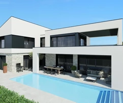 Istrie, Poreč, moderní vila s vyhřívaným bazénem a výhledem na moře