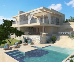 Lujosa villa dividida con dos piscinas y vista al mar