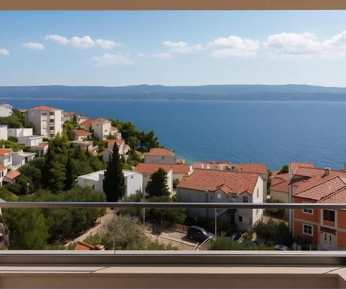 Omišer Riviera, Einzimmerwohnung im dritten Stock eines Neubaus mit Meerblick, 62,64 m²