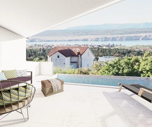 Modern, kétlakásos családi ház medencével és lenyűgöző panorámával eladó Horvátországban