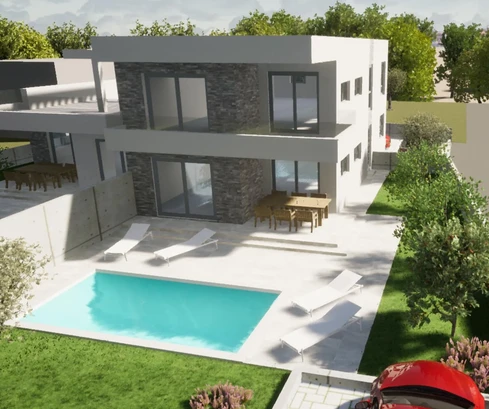 Kaštel Stari, moderný dom v štádiu hrubej stavby s dvoma samostatnými apartmánmi