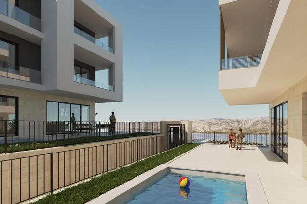 Zadar, Vinjerac, appartamento C1 con due camere da letto, piscina e giardino, piano terra