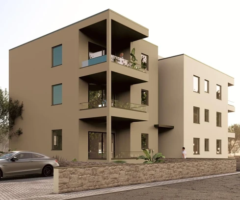 Vodice, moderná nová budova, apartmán s výhľadom na more, 300 m od mora, 1K1