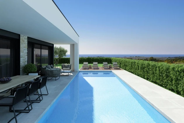 Isztria, Poreč, modern villa fűtött medencével és tengerre néző kilátással