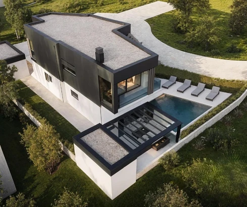 Isztria, Vodnjan, Salvela, modern villa nyílt tengeri kilátással