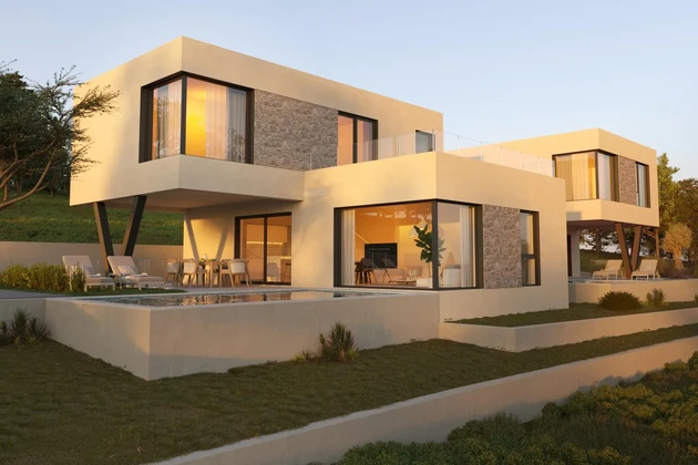 Vodice, luxusos ikerház medencével és panorámás tengerre néző kilátással