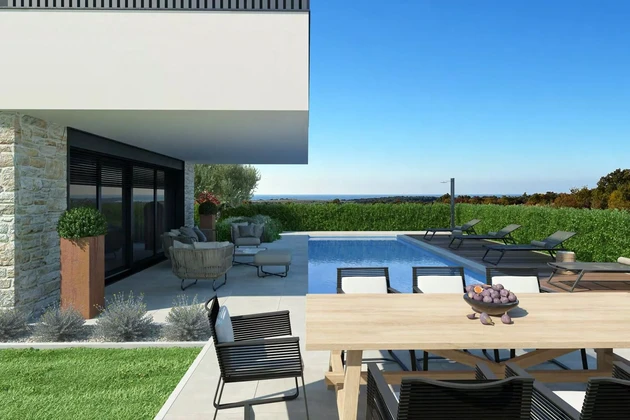 Istria, Poreč, villa moderna en construcción con vistas al mar