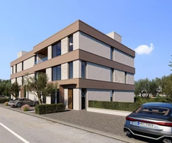 Istria, Tar, Vabriga, trojizbový byt na prízemí vysokokvalitnej novostavby so záhradou a výhľadom na more